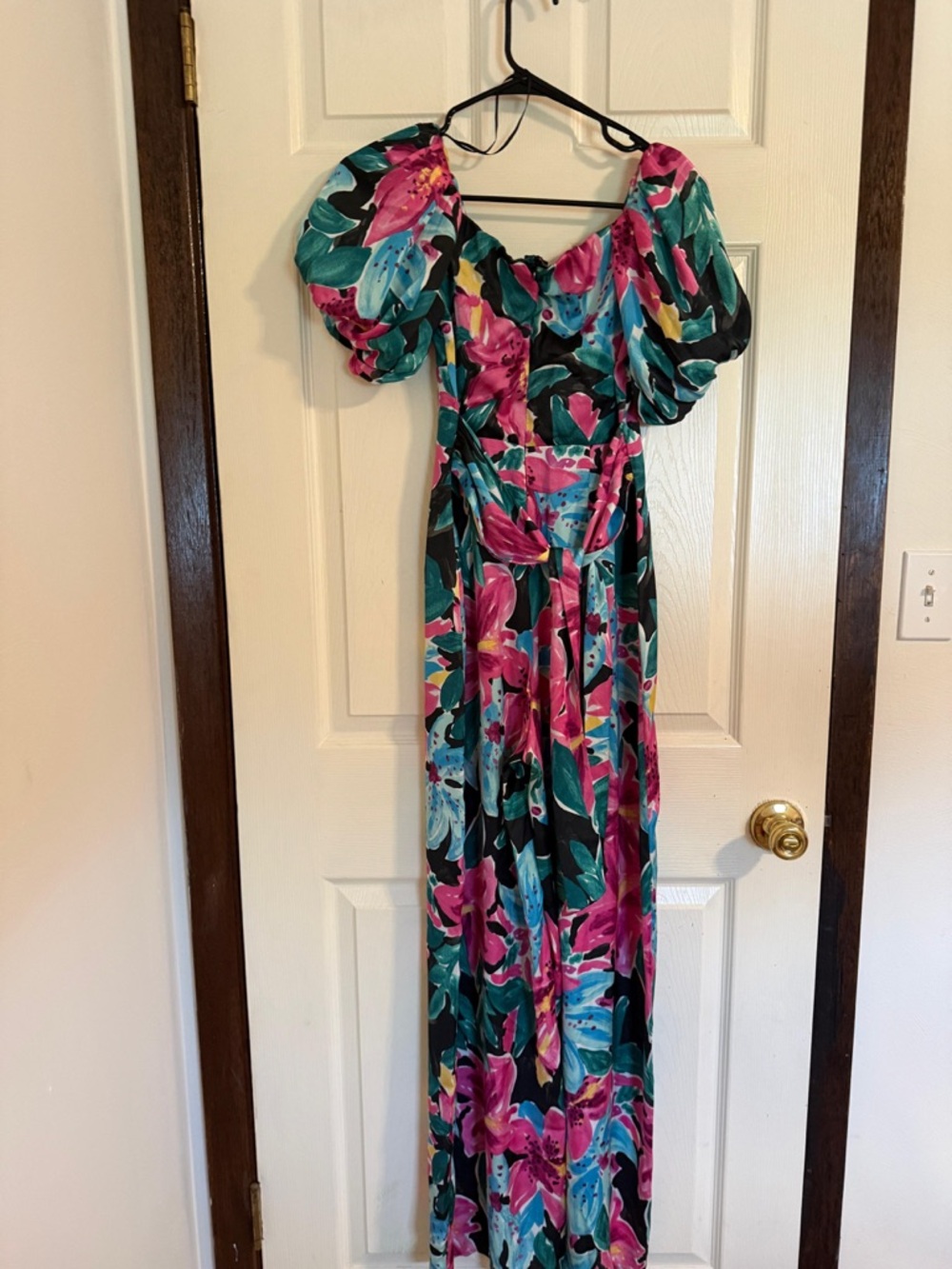 Zara Floral Puff-Sleeve Wide-Leg Jumpsuit in Pink & Teal - Picture 5 of 7